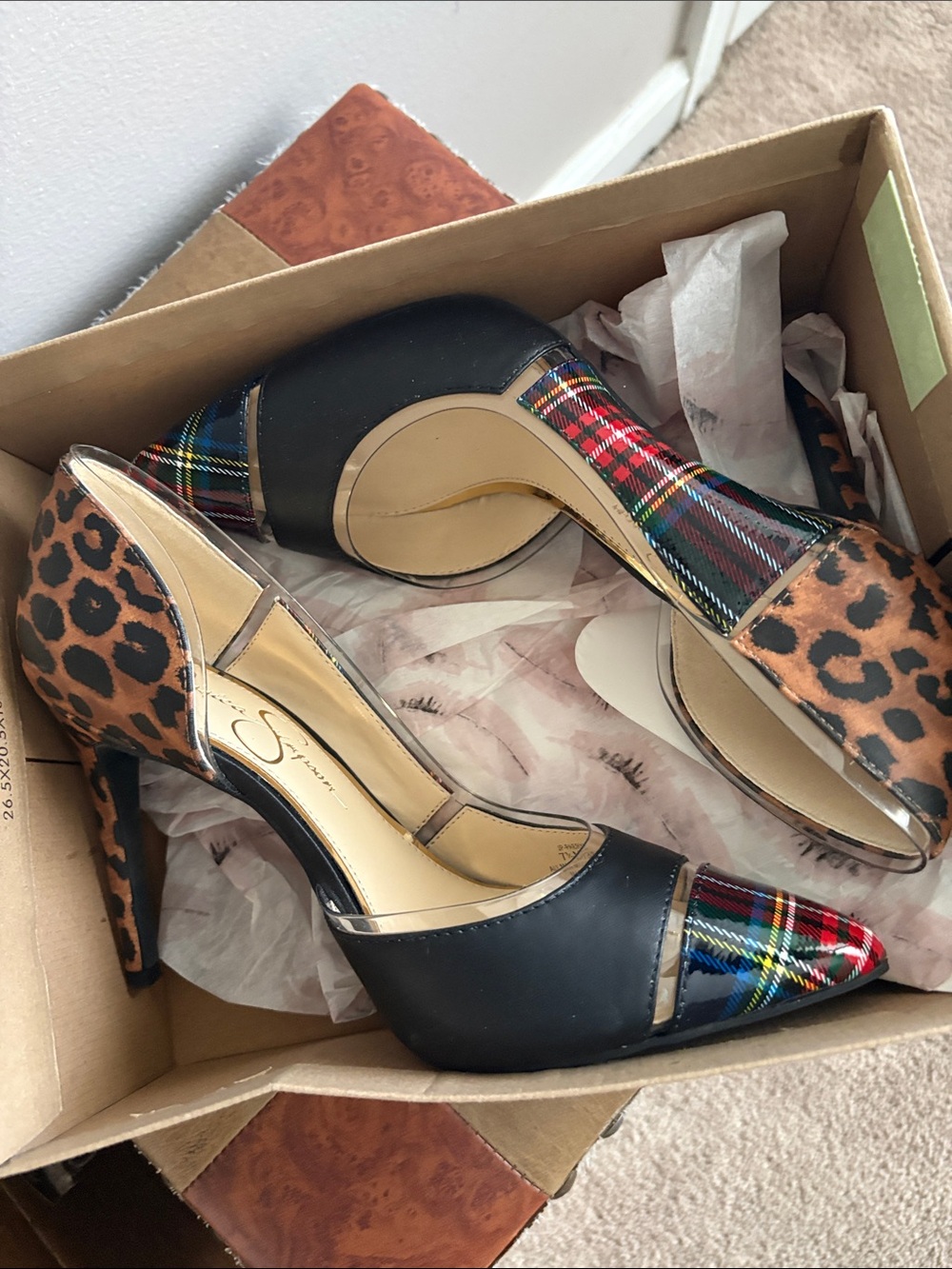 Jessica Simpson Black Plaid & Leopard Mixed-Print Pointed Heels